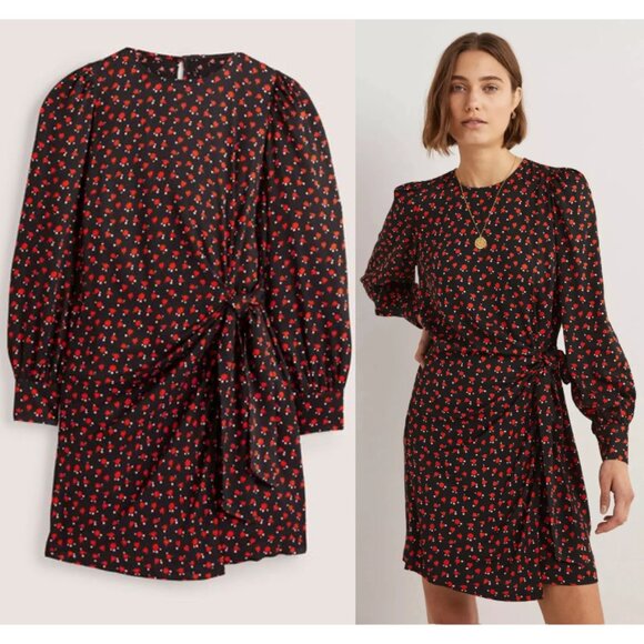 NWT BODEN Red Tulip Charm Wrap Mini Dress Long Puff Sleeve Black Size 8 - Picture 1 of 11
